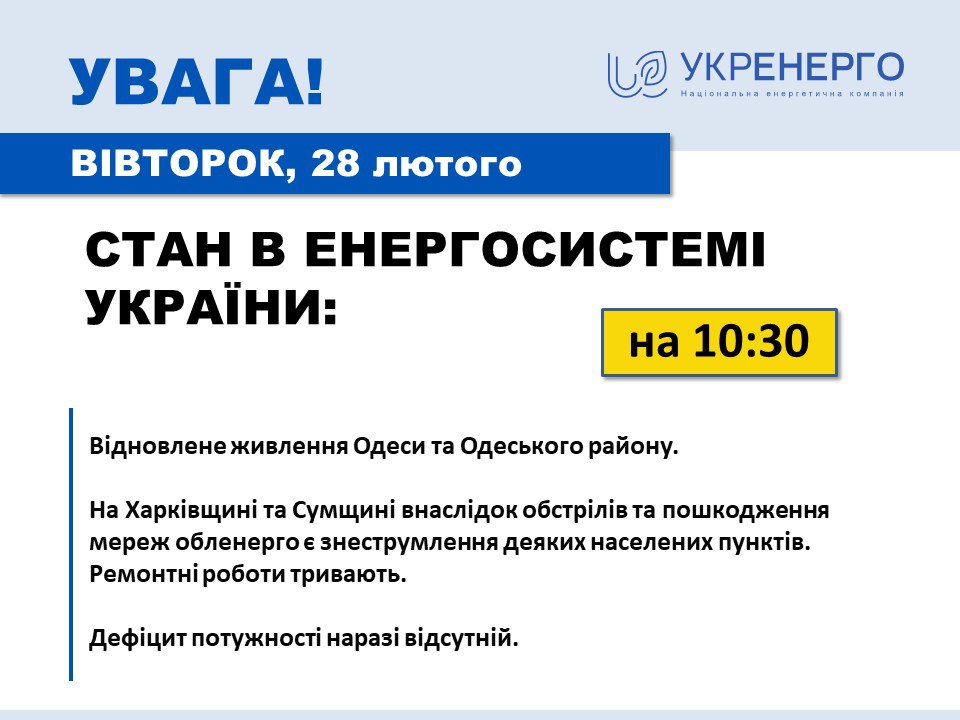 Укрэнерго рассказала о ситуации со светом на 28 февраля