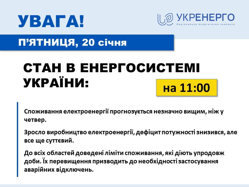 Що з відключеннями світла в Україні 20 січня, повідомили в Укренерго.