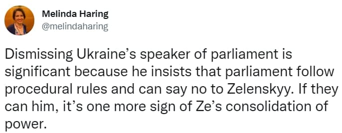 Мелинда Харинг раскритиковала отстранение Разумкова