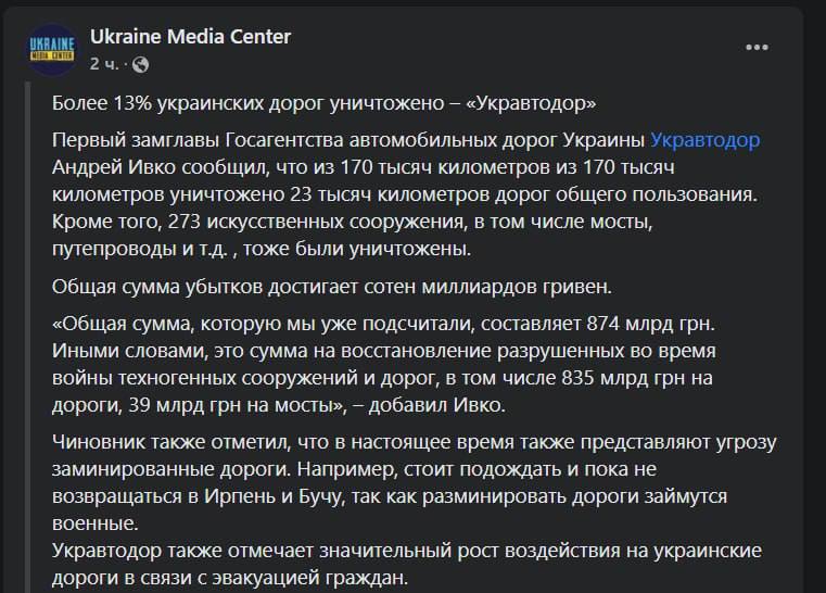 В Украине уничтожены 13% дорог