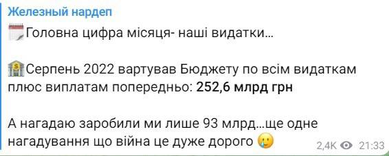 Народный депутат Ярослав Железняк опубликовал данные, по которым дефицит госбюджета более чем вдвое превышает прибыль за август
