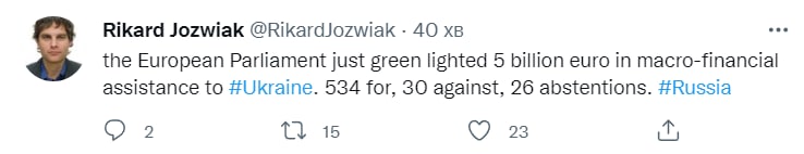 Журналист Рикард Йозвяк сообщил о том, что Европарламент одобрил пакет макрофинансовой помощи Украине в размере €5 млрд