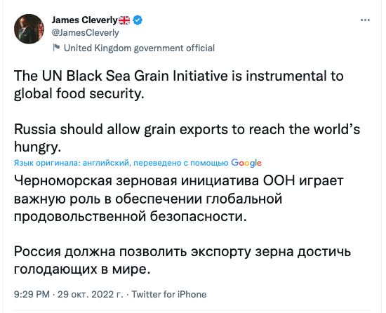 Глава МИД Британии заявил о важности зерновой сделки