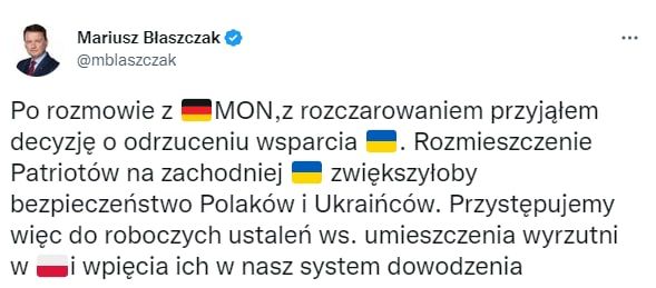 Скриншот из ТВиттера Мариуша Блащака