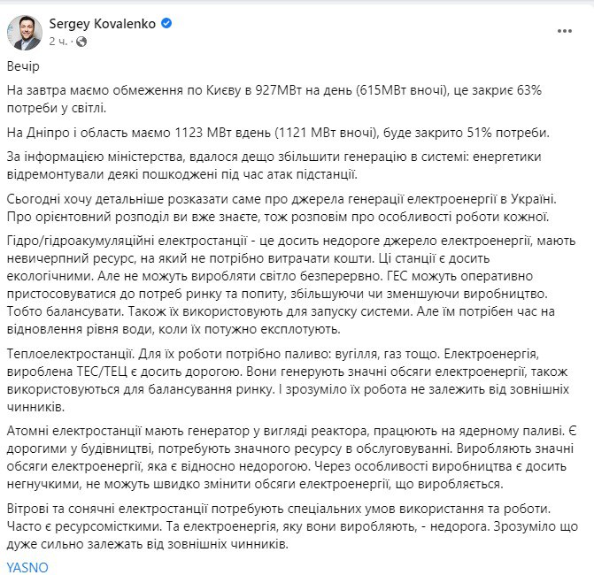 Лимит электроэнергии на Киев 21 января