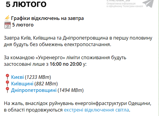Ліміти енергоспоживання на 5 лютого