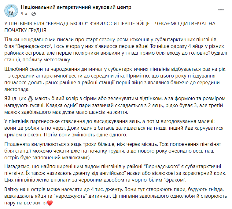 Скриншот из Фейсбука Национального антарктического научного центра