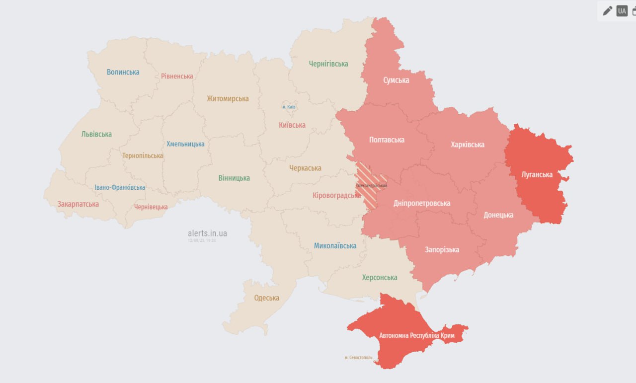 Воздушная тревога в восточной части Украины 12 сентября 2023 года