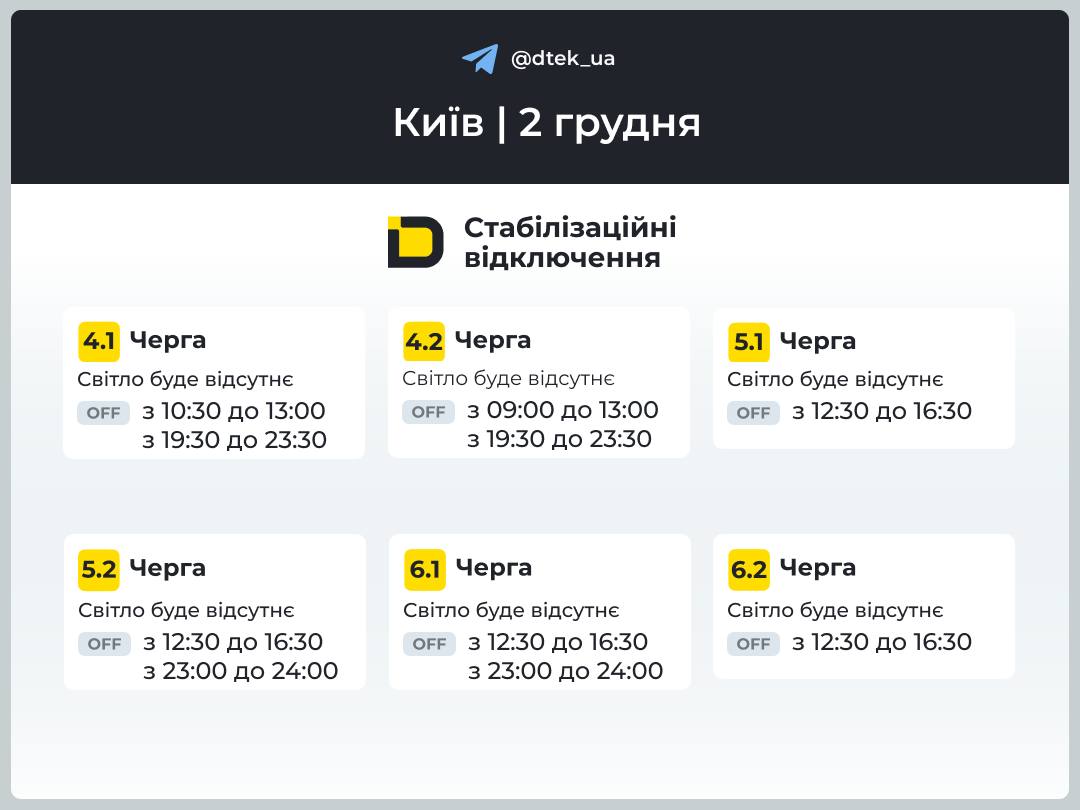 Графік відключень світла для Києва на 2 грудня опублікував ДПЕК