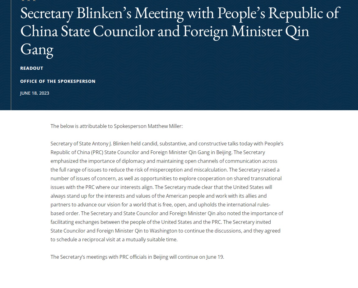Блинкен провел переговоры в Пекине