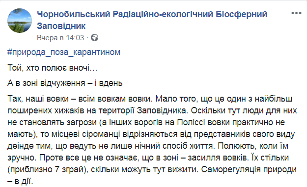Скриншот из Facebook Чернобыльского заповедника