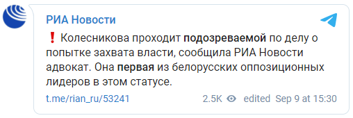 Оппозиционерке Колесниковой инкриминируют попытку захвата власти - адвокат. Скриншот: РИА Новости