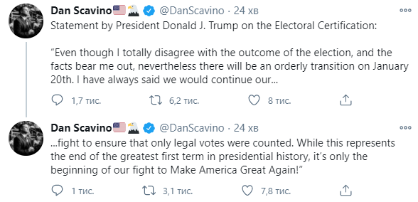 Трамп пообещал "упорядоченный переход" власти Байдену, несмотря на его несогласие с исходом выборов. Скриншот: Скавино в Твиттер