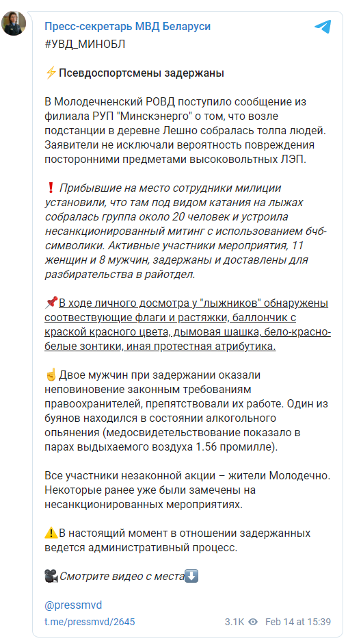 В Беларуси милиция задержала лыжников, заподозрив их в проведении несанкционированного митинга. Скриншот: Телеграм