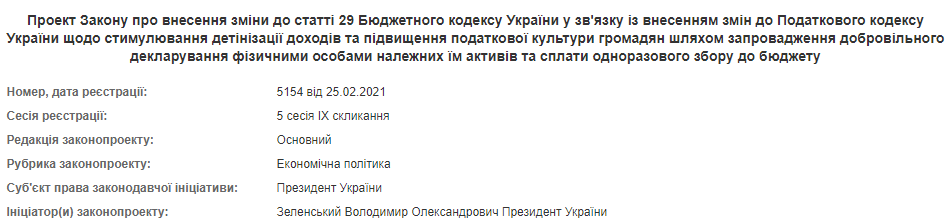 Зеленский внес в Раду законопроекты о налоговой амнистии. Скриншот: Рада