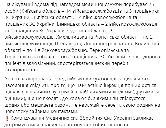 В ВСУ коронавирусом за сутки заразились 40 бойцов. Всего заражены уже 602 военных. Скриншот: facebook.com/ Ukrmilitarymedic