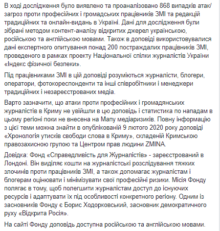 Украина занимает шестое место среди 12 постсоветских стран по степени риска для работников СМИ. Скриншот: Facebook/ Сергей Томиленко