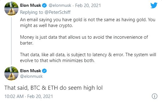 Маск написал о криптовал.юте. Скриншот https://twitter.com/elonmusk/status/1363007438455074825