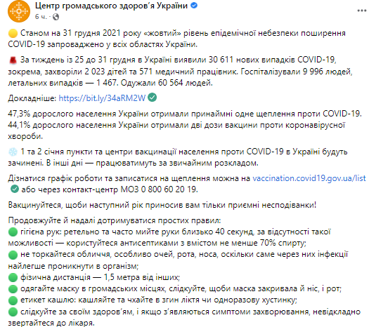 Уровень эпидемической опасности в Украине. Скриншот из фейсбука ЦОЗ