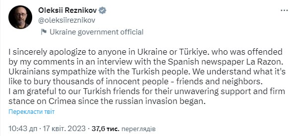 Резников извинился за сравнение погибших на войне и в Турции