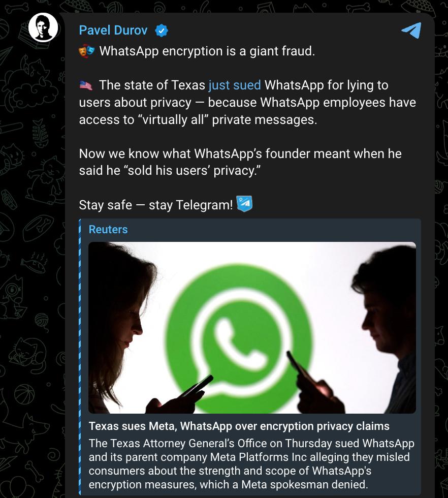 Снимок сообщения в Телеграм – Павел Дуров обвинил WhatsApp в мошенничестве