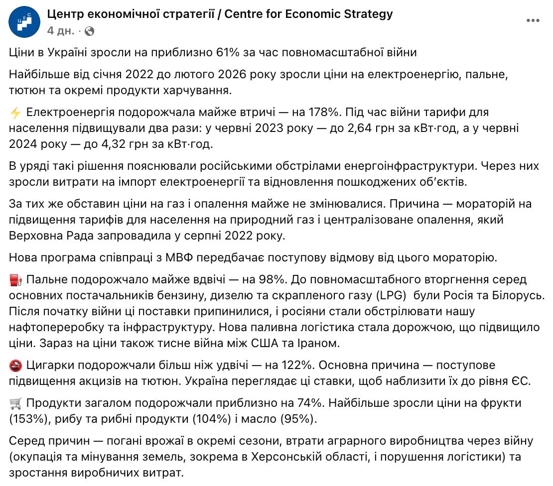 Снимок сообщения в Фейсбуке &ndash; Эксперты посчитали, как в Украине выросли цены за годы войны