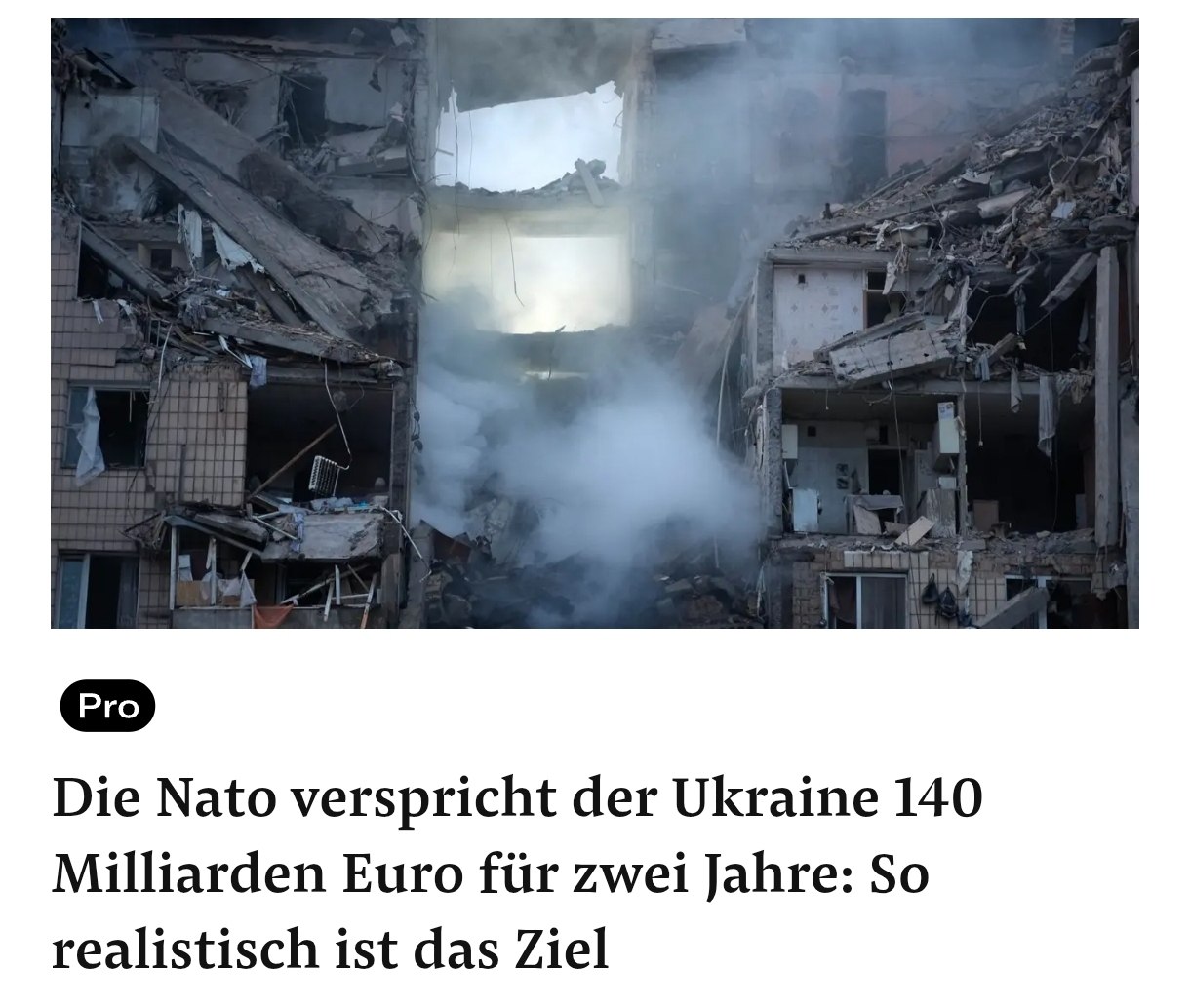 Снимок заголовка на nzz.ch – Обещанные €140 млрд Украине от НАТО могут оказаться нереальными