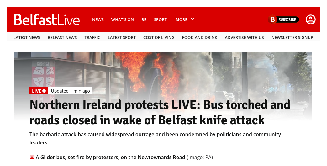 Снимок заголовка на belfastlive.co.uk &ndash; В Белфасте антимигрантские протесты после нападения мигранта из Судана