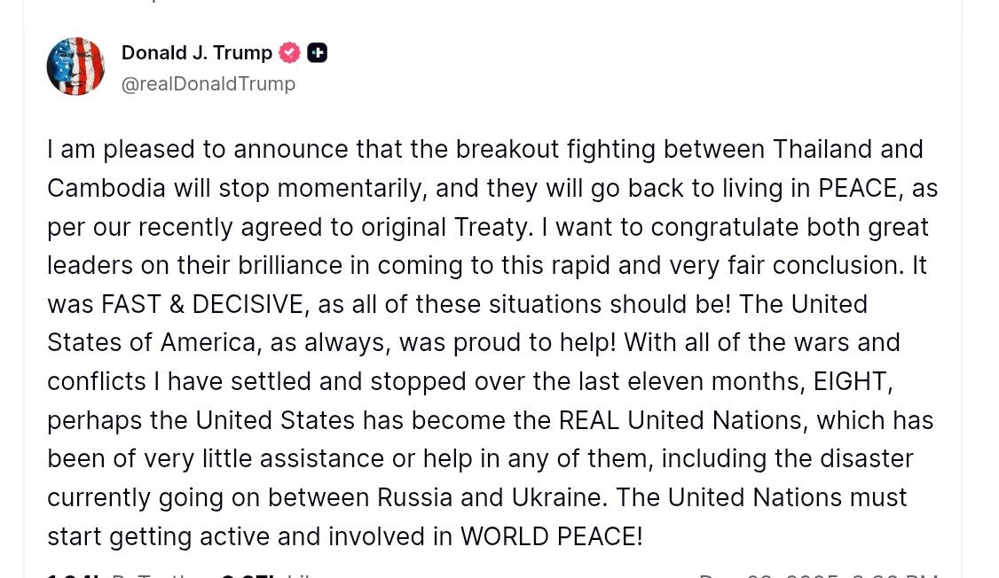 Снимок публикации на truthsocial.com - Трамп обвинил ООН в неспособности остановить войну между Россией и Украиной